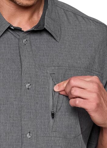 Avalanche Hiking Shirt for Men, Short Sleeve Heathered Stripe Quick Drying Woven Collared Button-Up Shirt, Zipper Pocket in Kuwait