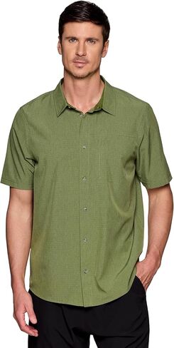 Avalanche Hiking Shirt for Men, Short Sleeve Heathered Stripe Quick Drying Woven Collared Button-Up Shirt, Zipper Pocket in Kuwait