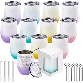 BetterSub Sublimation Gradient Color Wine Tumblers 12oz, Double Wall Insulated Sublimation Blanks Tumblers, Stainless Steel Sublimation Cups with Lid, Metal Straw, Brush, Display Box, 12 Pack