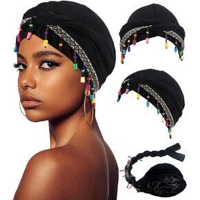 Adjustable Turbans for Women Satin Lined Halo African Head Wraps Beanies Hat Chemo Headwear with Boho Beads