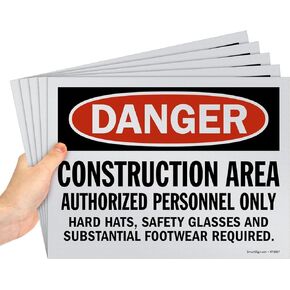 SmartSign (Pack of 5) 9 x 12 inch “Danger - Construction Area, Authorized Personnel Only, Hard Hats, Safety Glasses Required" OSHA Sign, Screen Printed, 10 mil Polystyrene Plastic, Red/Black on White