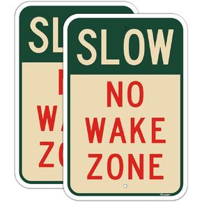 2 Pack Slow No Wake Zone Signs Metal Reflective 18" x 12" Slow Down Signs Rust Free Aluminum UV Protected Waterproof Sturdy Easy to Mount Outdoor Use