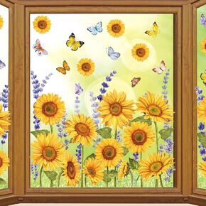 9 Sheets Summer Sunflower Window Clings Spring Summer Flower Butterfly Window Stickers Floral Static Reusable Window Decals for Party Home Office Decor Supplies