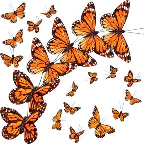 120 Pcs Monarch Butterfly Decor 4 Size Feather Butterfly Decorations Fake Artificial Monarch Butterfly 3D Butterflies for Craft Home Wall Wedding Party Decor (Orange)