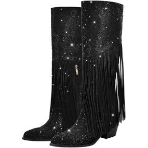 Rhinestone Sparkly Boots for Women Knee High Fringe Chunky Low Heel Pointed Toe Pull-On Side Zipper Boots