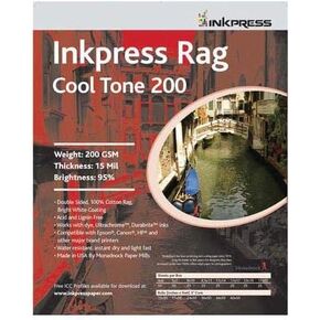 Inkpress Rag Cool Tone 200 Double Sided Bright White Matte Cotton Inkjet Paper, 200gsm, 15 mil., 8x10", 25 Sheets