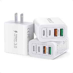 [3-Pack] USB C Wall Charger, 40W Fast USB C Charger Block, 4-Port PD+QC Wall Plug Power Adapter Multiport Type C Charging Block for iPhone 15/14/13/12/11/Pro Max/XS/XR/8/7, iPad, Samsung, Tablet
