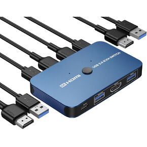 ABLEWE KVM Switch, Aluminum KVM Switch HDMI,USB Switch for 2 Computers Sharing Mouse Keyboard Printer to One HD Monitor, Support 4K@60Hz,2 HDMI Cables and 2 USB Cables Included(Blue)