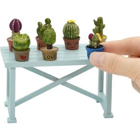 iLAND Miniature Dollhouse Accessories and Furniture, Dollhouse Table w/Succulent Dollhouse Plants 8pcs Fit Dollhouse & Fairy Garden & Elf on The Shelf