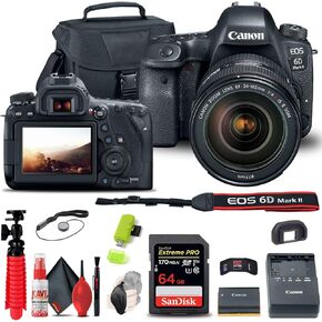 كاميرا Canon EOS 6D Mark II DSLR مع عدسة f/4L II مقاس 24-105 مم (1897C009)، وبطاقة سعة 64 جيجابايت، وحقيبة، وقارئ بطاقات، وحامل ثلاثي القوائم مرن، وحزام يد، وحافظة غطاء، ومحفظة ذاكرة، ومجموعة تنظيف (متجددة)