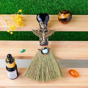 Natural Obsidian Magic Broom Love Crystal Witch Broom Reiki Healing Crystal Handmade for Cleansing Bedroom Office Home Decor Gifts