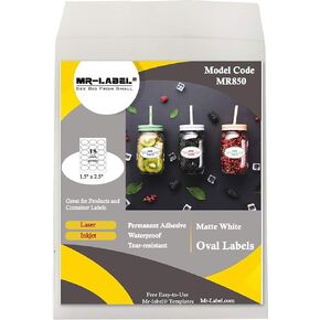 Mr-Label 1.5" x 2.5" Oval White Sticker Label - Waterproof and Tear-Resistant - for Inkjet & Laser Printer - for Gift Decoration|Hand Craft (25 Sheets Total 450 Labels)