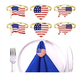 6 Pieces Pretty Independence Day Napkin Ring,USA Flag Napkin Ring Holder 4th of July Rhinestone Enamel Metal Napkin Ring Decorate Your Table (USA Star Hat)