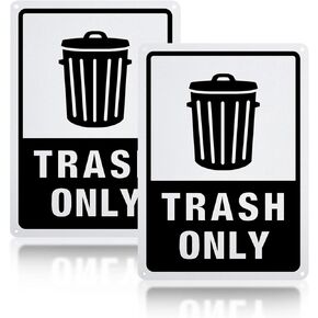 GLOBLELAND 2 Pack Trash Only Sign, 10x7 inches 40 Mil Aluminum Trash Signs Decorative for Indoor or Outdoor, UV Protected Reflective and Waterproof, Black