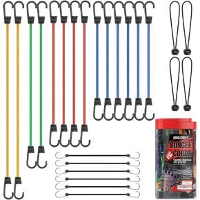 Bungee Cords Assortment Jar 24 Piece in Jar - Includes 10", 18", 24", 32", 40" Bungee Cord and 8" Canopy/Tarp Ball Ties