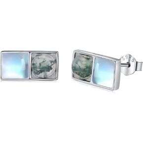 Square Moonstone Earrings 925 Sterling Silver Moss Agate Stud Earrings Hypoallergenic Gemstone Earrings Jewelry Gifts for Women Girls Sensitive Ears