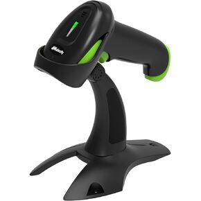 Alacrity 2D 1D ماسح باركود لاسلكي مع حامل، اتصال 3 في 1 بلوتوث 2.4G سلكي USB لاسلكي، قارئ باركود مع وضع حر اليدين وتنبيه الاهتزاز، أسود