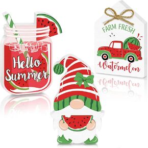 3 Pieces Summer Tiered Tray Decor, 3D Watermelon Tiered Tray Decor Set Hello Summer, Cute Watermelon Gnome Truck Wood Table Top Sign, Rustic Farmhouse Wooden Table Sign Decor for Home Decorations in Kuwait