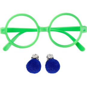 Round Green Glasses No Lens with Blue Clip-on Earrings Dress Up Costume Accessories