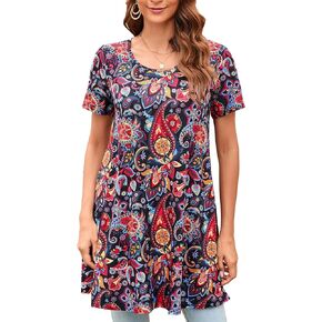 ENMAIN Womens Tunic Tops Short Sleeve Plus Size Summer Tunic Tops to Wear with Leggings Printed T-Shirt Floral Blouses