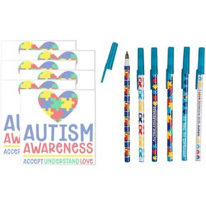 Autism Awareness Pens and Sticky Note Pads 12 Piece Bundle (Autism Sticky Notes Style 1)