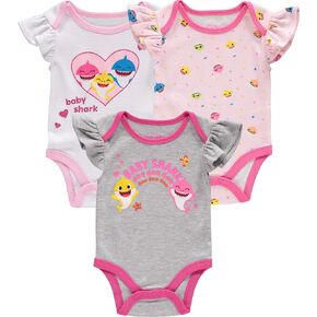 Baby Shark Baby Girls Bodysuit Three Pack - Baby Bodysuit Multipack - Newborn Girl Clothes