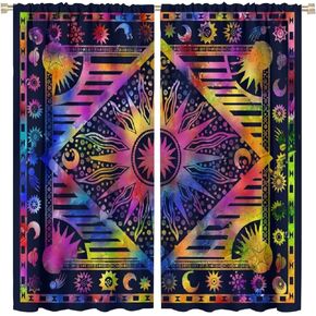 Mandala Curtains Bohemian Sun Moon Curtains for Bedroom, Boho Hippie Window Drapes for Kids Boys Girls Teens, Tribal Exotic Floral Window Treatments Curtains 42"X 45"