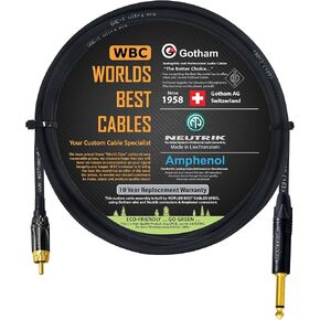 WORLDS BEST CABLES 4 Foot – TS to RCA Cable – Gotham GAC-1 Ultra Pro Low- Capacitance Instrument Cable & Neutrik NP2X-B & Amphenol ACPL-CBK Gold Plugs - Custom Made in Kuwait