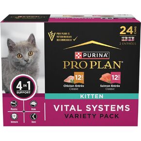 Purina Pro Plan Vital Systems Chicken and Salmon Entree Wet Kitten Food Variety Pack 4-in-1 Muscles, Brain, Immune and Bone - (Pack of 24) 3 oz. Cans