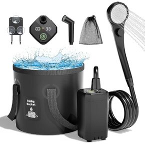Upgrade Portable Camping Shower, 6000mAh Rechargeable Shower Pump, Filter Shower Head & 5 Gallons Foldable Bucket, Outdoor Shower for Camping Hiking Beach, Travel, Pet Bath, Car Washing (Black)