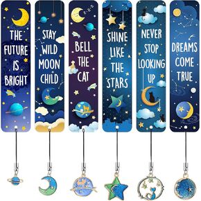 12 Pcs Bookmarks for Children Cat Moon Star Celestial Theme Space Bookmarks with Metal Charms Inspirational Quotes Bookmarker Gift for Kids Boys Girls School Reading (Novelty Style)