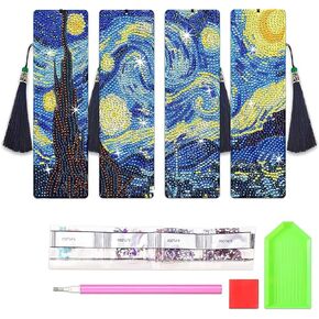 Diamond Art Bookmarks, 4 PCS Van Gogh Starry Night Diamond Painting Acrylic Bookmarks with Tassel, Bookmarks Kits Gift for Reader Crafts Lovers