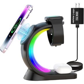 Mag-Safe 3 in 1 Wireless Charging Station, [6-Color RGB Light] 15W Fast Magnetic Wireless Charger Stand for Multiple Devices Apple, for iPhone 15 14 13 12 Pro Max/Plus/Pro, for iWatch 2 to 9