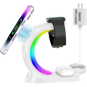 Mag-Safe 3 in 1 Wireless Charging Station, [6-Color RGB Light] 15W Fast Magnetic Wireless Charger Stand for Multiple Devices Apple, for iPhone 15 14 13 12 Pro Max/Plus/Pro, for iWatch 2 to 9 in Kuwait