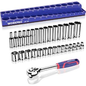 WORKPRO 32-Piece 3/8-inch Drive Metric Sockets and Ratchet-Including 30 Metric Deep and Shallow Sockets, 6-20mm with Magnetic Organizer and 72 Tooth Quick Release Reversible Ratchet for Auto Repair