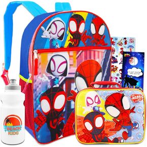 Spidey and His Amazing Friends Backpack with Lunch Bag - Bundle with 16" Spiderman Backpack, Spidey Lunch Box, Water Bottle, Stickers, More | Spidey and Friends Backpack