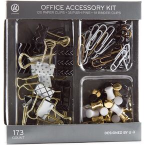 U Brands Office Accessory Kit, Office Supplies, Black and White with Gold, Push Pins, Paper and Binder Clips, 173 Count