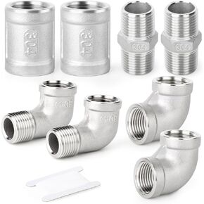 TAISHER 8PCS 304 Stainless Steel 90 Degree Elbow，Hex bushing，Coupling 1/4" NPT,Thread Pipe Fitting Kit