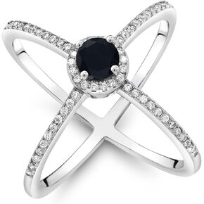 Gem Stone King 925 Sterling Silver Black Onyx Criss Cross X Ring For Women (1.29 Cttw, Round 5MM, Gemstone Birthstone, Available In Size 5, 6, 7, 8)