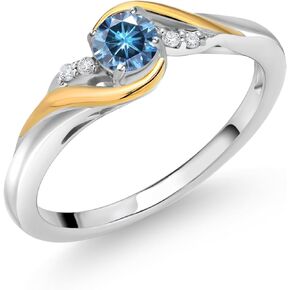 Gem Stone King 925 Sterling Silver and 10K Yellow Gold Customized and Personalized 4MM Round Gemstone Birthstone and White Lab Grown Diamond Engagement Ring For Women