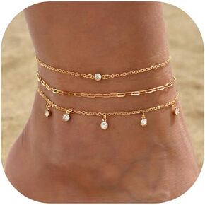 TOBENY 3PCS Ankle Bracelets for Women Teens 14K Gold Plated Anklets Bracelets Cuban Link Tennis Snake Paperclip Chain Cubic Zirconia Dainty Layered Anklet Set Summer Beach Anklets Jewelry Gift
