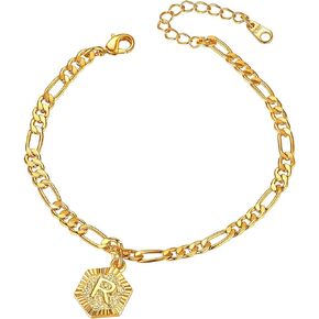 FOCALOOK Gold Initial Charm Anklet for Women, Yellow Gold Plated Summer Beach Dainty Foot Chain Ankle Bracelet Figaro Chain Anklet for Women