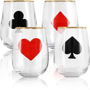 Whaline 17oz Casino Party Stemless Wine Glasses Poker Drinking Glasses with Gold Rimmed Clear Poker Tumbler Cups for Casino Party Event Wedding Decorations Casino Poker Game Themed Supplies(4Pcs)
