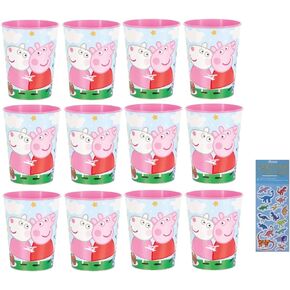 Unique Peppa Pig Birthday Party Supplies Bundle Pack includes 12 Plastic Reusable Cups and 1 Dinosaur Sticker Sheet