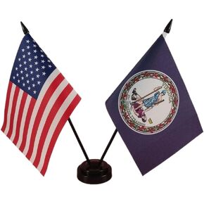 America & Virginia Twin Desk Flag, US Virginia Table Flags, 8 x 5 Inches American & Virginia Deluxe Desk Flag Set - Miniature USA & Virginia Stick Flag with Flag Stand