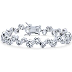 Modern Bride Bridal Zigzagged Staggered Geometric CZ Round Bezel Set Bubble AAA Cubic Zirconia Tennis Bracelet Necklace For Women Girlfriend Wedding, Prom Silver Plated 16 Inch 7, 7.5 Inches