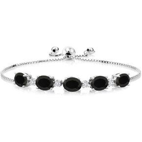 Gem Stone King 925 Sterling Silver Black Onyx and White Lab Grown Diamond Tennis Bracelet For Women (8.26 Cttw, Gemstone Birthstone, Oval 8X6MM, Fully Adjustable Up to 9 Inch)