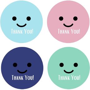 Thank You Stickers Roll | Happy Smiley Faces |1.5 inch | Waterproof | 500 Labels for Small Business, Packaging, Mailer Seal Stickers, Baby Showers, Kids Birthday Party | 4 Color Designs