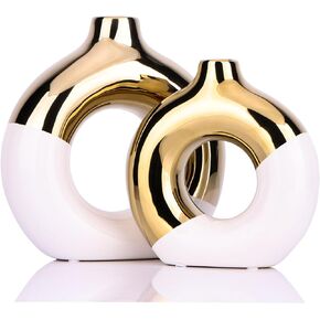 White and Gold Vase,Ceramic Vase Set of 2,Gold Vases Home Decor,White Round Vase for Centerpieces,Big Gold Vase for Living Room Decor,Gold Home Decor Accents,Home Decor Vase for Kitchen,Coffee Table