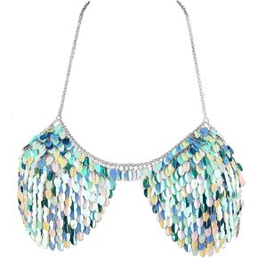 Elegant Blue Series Sequin Body Chain Bra Festival Bralette Cosplay Dance Wear Body Jewelry Bikini Chest Chain for Women Sexy